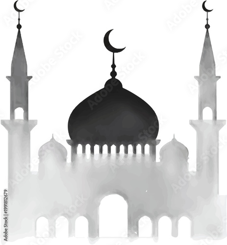 Mosque, Islamic Architecture, Black and White, Vector Illustration, Religious Building