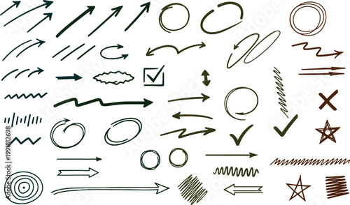 Diverse collection of hand-drawn symbols and arrows for visual communication Vector, illustration