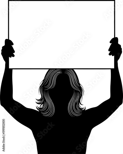 Silhouette of Woman Holding Sign High in Protest Vector Art black and white on white background