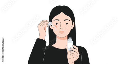 A beautiful woman with long black hair applies a single drop of clear liquid serum from a glass dropper onto her cheek while holding a small glass bottle.