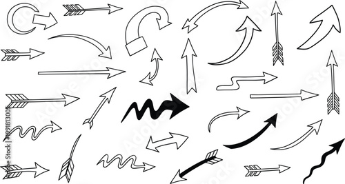 Collection of various arrow and directional movement symbols with unique styles Vector, illustration