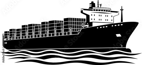 Cargo ship silhouette illustration for transportation and shipping related visuals black and white on white background