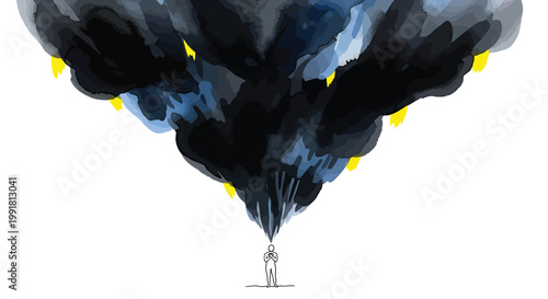 Minimalist illustration, lone figure, dark stormy cloud, abstract concept