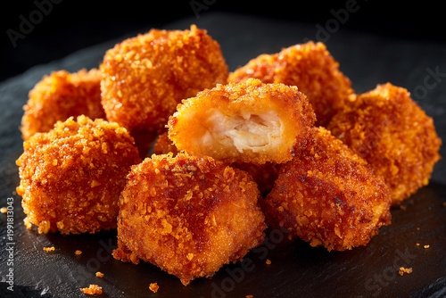 Perfectly cooked chicken bites with crunchy coating served as snacks for beer lovers during game day gatherings in a lively pub atmosphere
