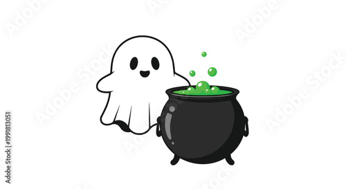 A cheerful white cartoon ghost floats playfully beside a dark bubbling cauldron filled with glowing green magical liquid against a stark background.