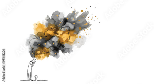 Illustration of person with thought bubble, abstract expressionism, colorful emotions, mental health