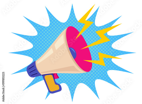 Vector vintage megaphone for fake, breaking news or sale. Vector retro white megaphone with lightning in retro style.