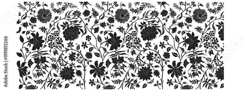 Traditional floral batik pattern in black and white.Seamless-style decorative floral motif featuring various flowers, vines, and leaves. Ornate black ink silhouette on a white background