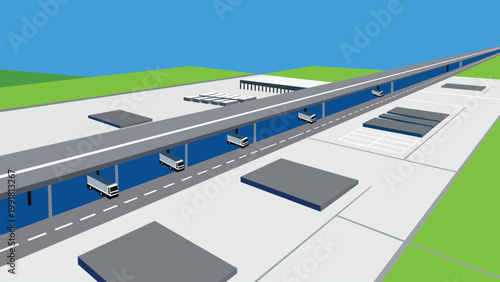 Isometric Vector Illustration of a Modern Logistics Hub and Distribution Center with Trucks and Elevated Infrastructure for Global Supply Chain Management