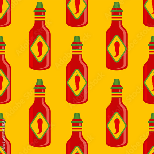 Vector seamless pattern of chilli spicy sauce. Vector pattern of bottle of hotspicy sauce for chili.