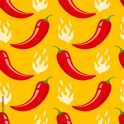Vector seamless pattern of chilli pepper with fire. Vector pattern of  hot chili pepper for spicy sauce.