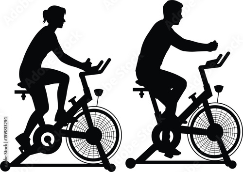 Professional silhouette illustration of a man and woman training on stationary exercise bikes for fitness and cardio workout concept vector