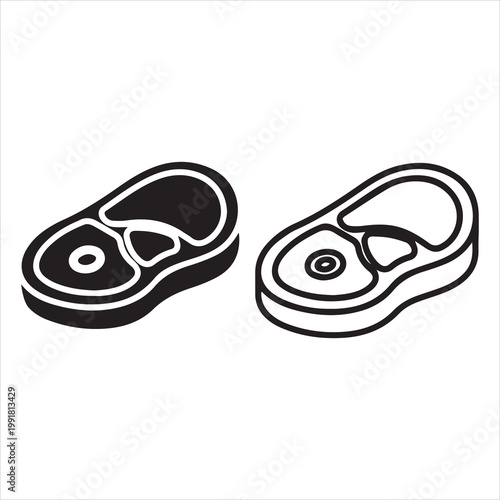 Raw steak icon duo solid black and outline, isolated food graphics