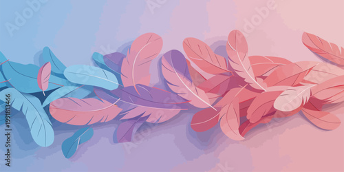Colorful feathers in shades of blue, pink, and purple arranged in a pattern on a light background