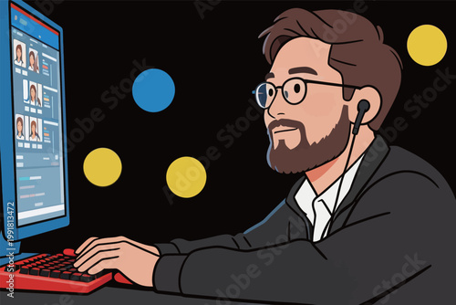 Person works at computer wearing earphones in a dark room with colorful circles in the background and a screen showing various profiles