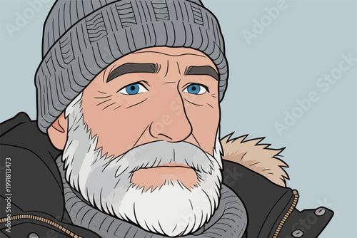 Man with gray beard and blue eyes wearing a winter hat and coat looking thoughtfully at the viewer