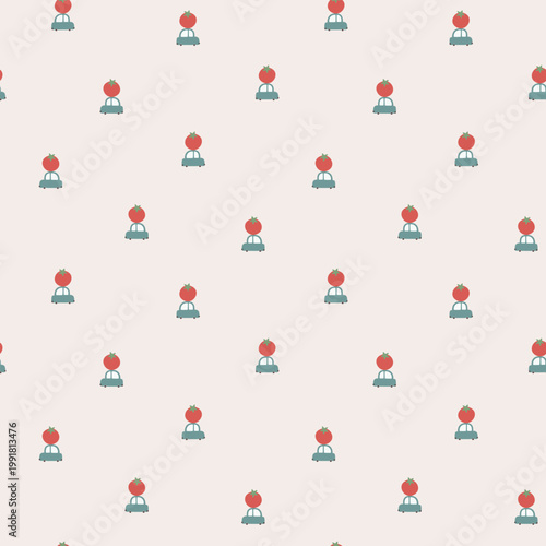 seamless minimal cute tomato on car, Pastel Nursery repeat pattern background, flat vector illustration graphic design