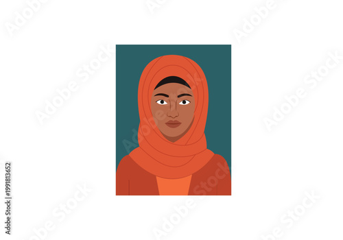 Portrait of a young woman with dark skin wearing a red hijab against a dark teal background