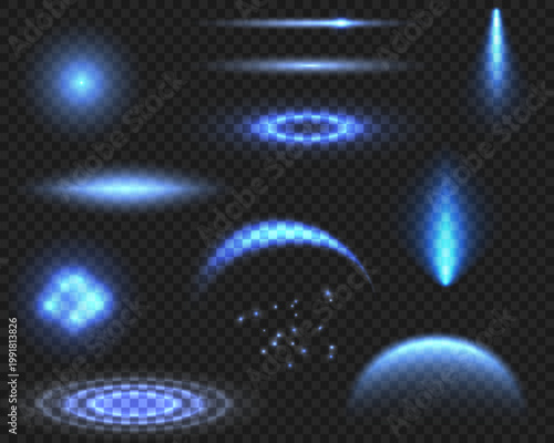 Glow isolated blue transparent background light effect set, lens flare, explosion, glitter, line, sun, sparks star. Abstract special effect element design. Shine ray with lightning, sparkling round
