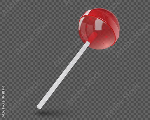 Red lollipop in glossy transparent style with small bubbles, isolated on transparent background. Vector 3D render, strawberry candy sweets branding, packaging, posters, playful food visuals