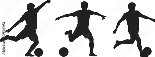 Professional set of black soccer player silhouettes kicking ball for sports and football competition concept vector