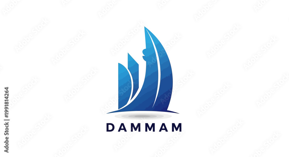Fototapeta premium Abstract Blue Dammam Logo Depicting City Skyline and Waves.
