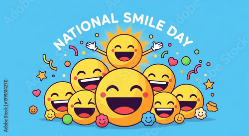 Happy yellow smiley faces with playful expressions celebrate national smile day in a joyful festive design with stars and confetti on a vibrant blue background