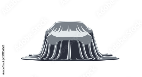The front profile of a mysterious new vehicle remains hidden beneath a meticulously draped gray fabric cover that creates deep shadows on a white surface.