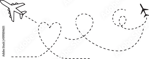 A clean black-and-white vector illustration featuring two stylized airplane silhouettes connected by a whimsical dashed flight path that forms a heart shape and several decorative loops.