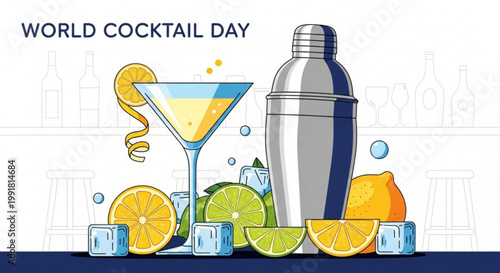 Colorful cocktail shaker and martini glass with citrus slices on ice celebrating world cocktail day in a playful and vibrant illustration