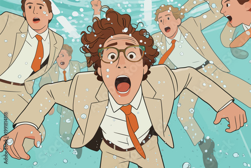 Group of men in suits swimming underwater during a fun activity in a pool on a sunny day