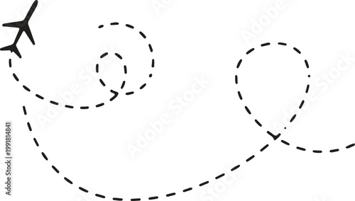 A clean black-and-white vector illustration featuring a stylized airplane silhouette trailing a series of whimsical, dashed-line loops, symbolizing travel, adventure, and freedom.