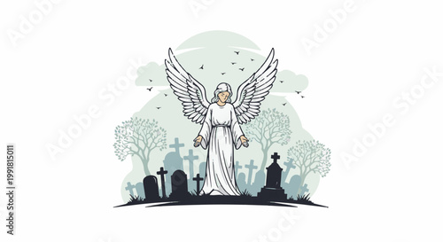 A serene angel stands in a misty graveyard amidst bare trees and circling birds
