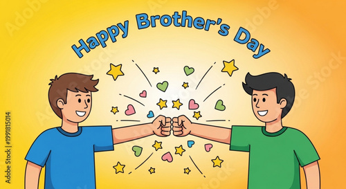 Two joyful brothers fist bumping with colorful stars and hearts on a bright yellow background celebrating brother's day