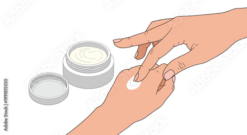 A pair of well-manicured hands are shown applying a small dab of moisturizing white cream from a round cosmetic jar onto the smooth skin surface.