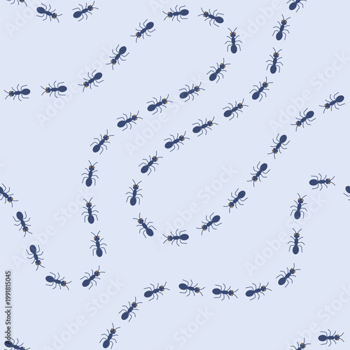 Cute ant trail seamless pattern. Flat cartoon ant colony walking on the road on blue pastel background. Minimal nursery kids doodle print. Colorful forest creatures for funny summer design.