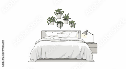 A serene bedroom setup with a plush bed and hanging plants