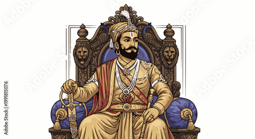 A regal figure adorned in ornate golden attire, seated on a throne embellished with lion heads and ornate carvings