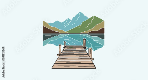 A serene mountain lake with a wooden pier, reflected in calm waters