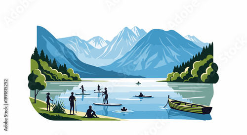 A serene mountain lake scene with people enjoying various water activities, including paddleboarding and swimming