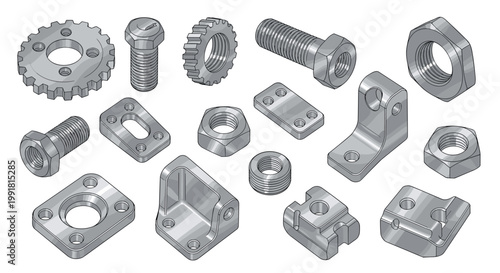An assortment of meticulous silver metallic industrial hardware components including bolts nuts and gears are displayed against a clean white background.