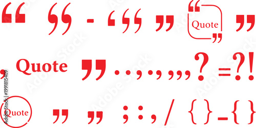 A collection of clean, red typographic symbols and punctuation marks, including various quotation styles, curly quotes, question marks, and call-out boxes, isolated on a white background.
