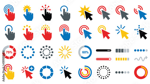 Colorful hand cursors loading icons and progress bar set for UI design.