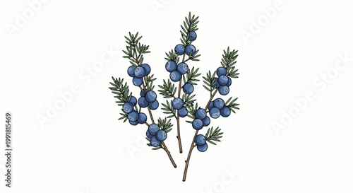 A simple illustration of a juniper branch with blue berries and green needles