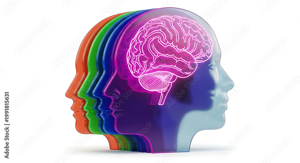 Obraz premium Layered human head profiles with glowing neon pink brain, representing interconnected thoughts, neural network, and artificial intelligence concepts