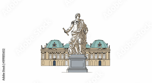 A statue of a classical figure stands before a grand building with domes