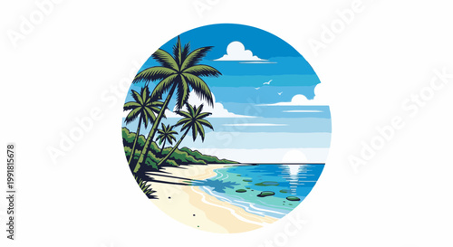 A serene pixelated tropical beach scene with palm trees and turquoise ocean waters under a blue sky
