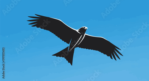 A silhouette of a bird of prey soars gracefully across a clear blue sky
