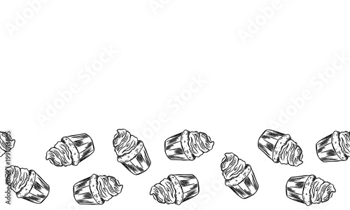 Border, frame with vector sweets, cupcake. Frame, border, sweets, cake for menu, decor, elements, advertising