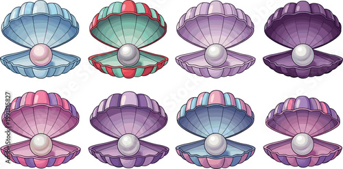 Colorful clam shell with pearl collection glossy marine seashell variations isolated vector illustration design set